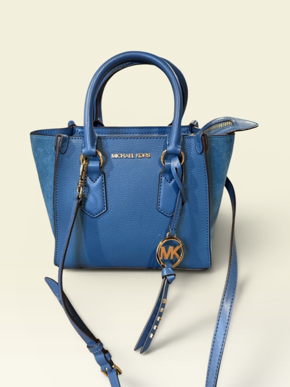 Michael Kors Dark Chambray Leather+Suede Kris Small Satchel Crossbody Purse - Picture 2 of 13